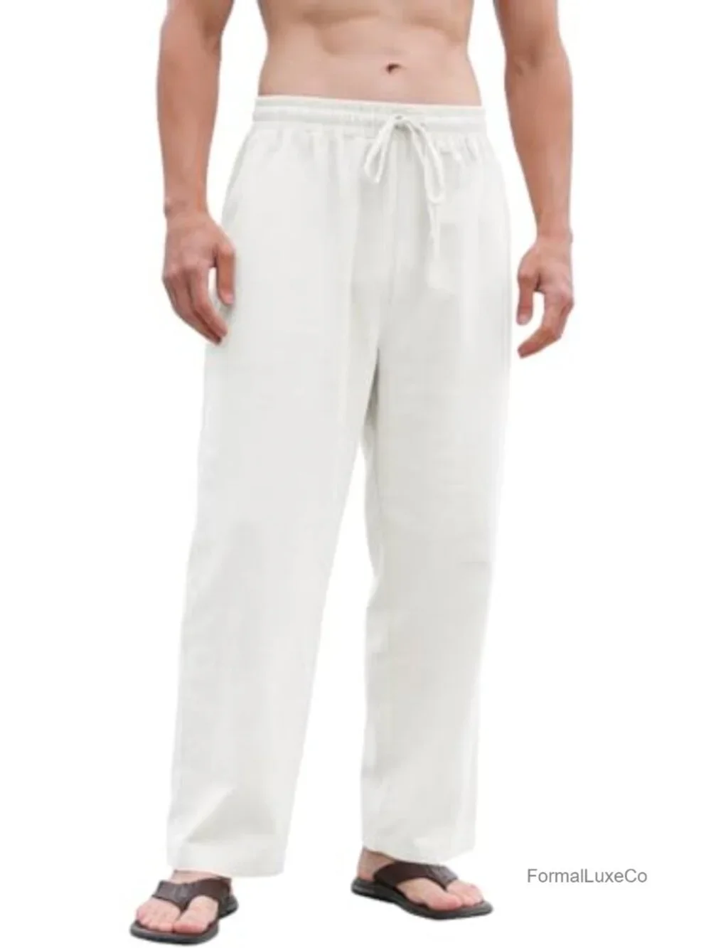 Men's Cotton Linen Pants Elastic Drawstring Lightweight Relaxed Fit Straight